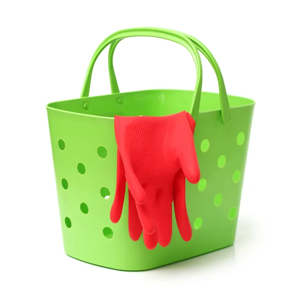 Fabric in green plastic basket — Stock Photo, Image