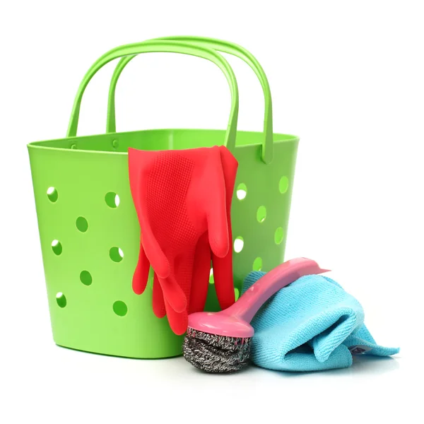 Fabric in green plastic basket — Stock Photo, Image