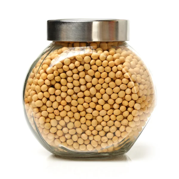 Bottle in soy beans — Stock Photo, Image