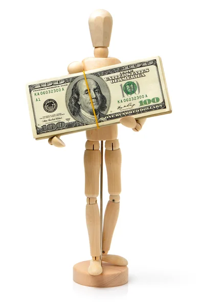 Dollars bank notes in wooden puppet hand — Stock Photo, Image