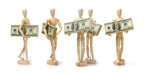 Dollars bank notes in wooden puppets hands — Stock Photo, Image