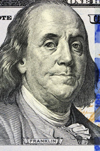 Macro vicino al volto di Ben Franklin — Foto Stock