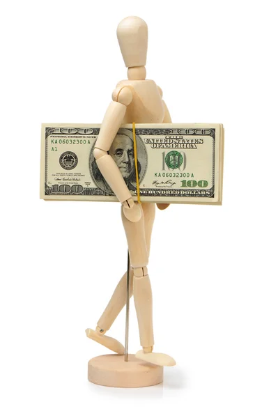 Dollars bank notes in wooden puppet hand — Stock Photo, Image