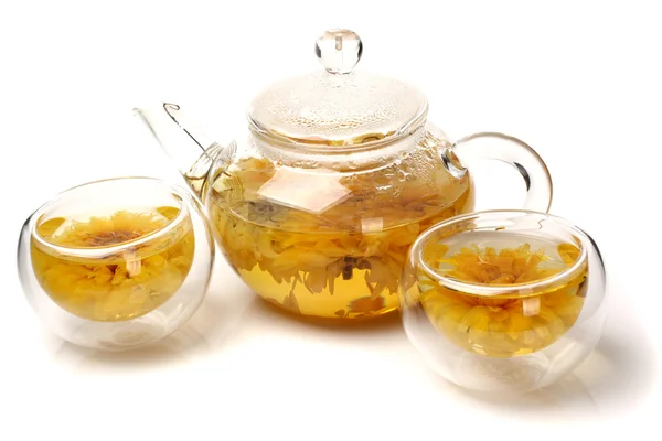 Transparent teapot with cups — Stock Photo, Image