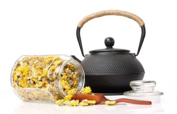 Dried Chrysanthemum Flowers and teapot — Stock Photo, Image