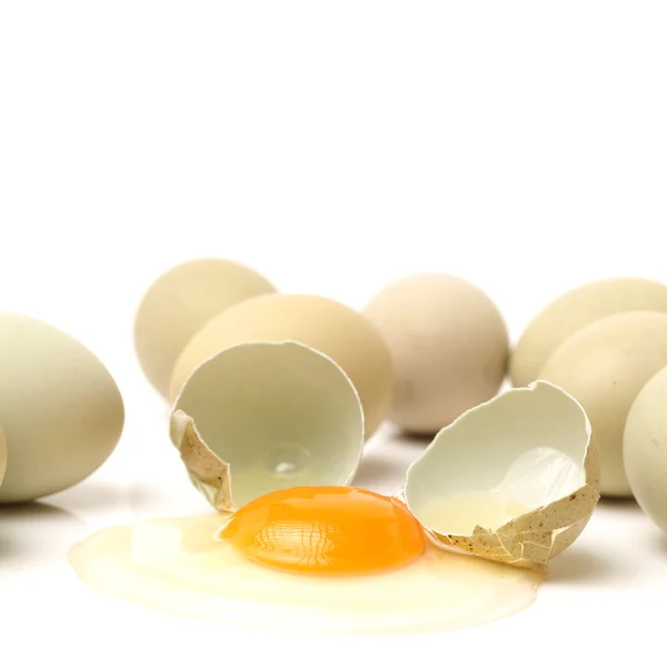 Chicken eggs and egg yolk — Stock Photo, Image