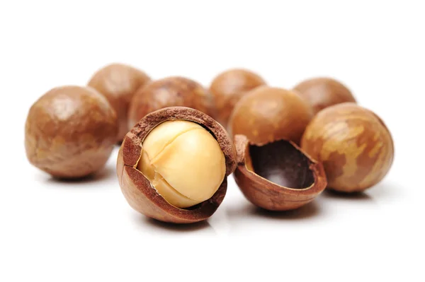 Shelled and unshelled macadamia nuts — Stock Photo, Image