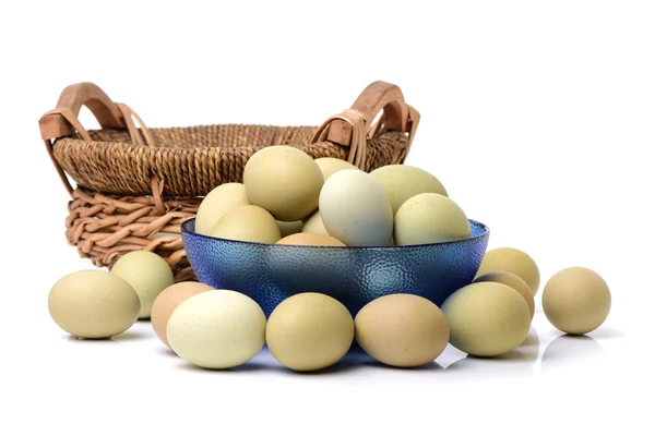 Slepičí vejce v modré misce — Stock fotografie