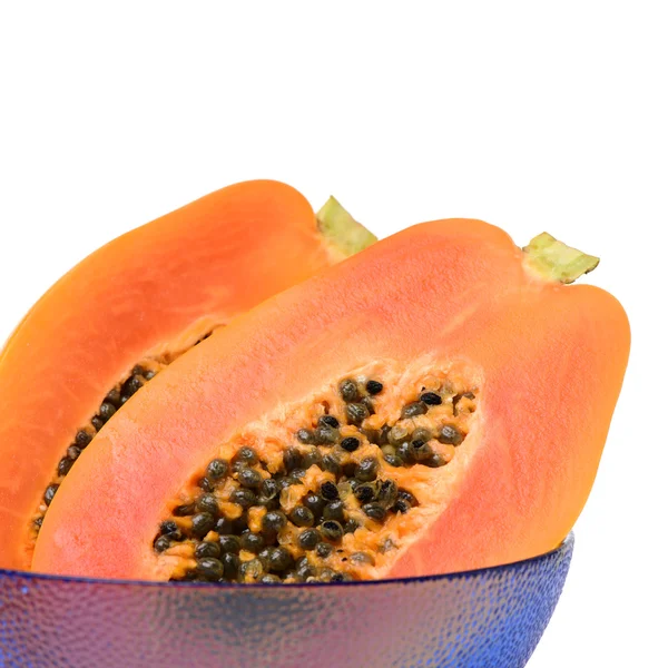 Sliced fresh papaya in blue bowl — Stock Photo, Image