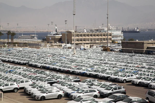 New cars lined up in the port Stock Photo