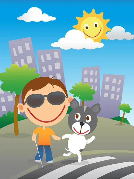 Joyeux enfant aveugle avec son chien guide — Image vectorielle