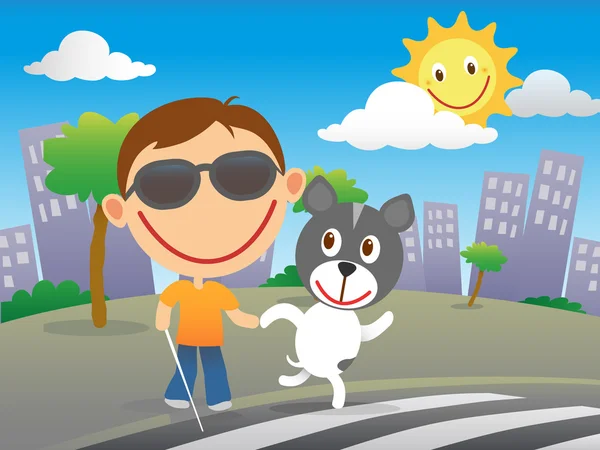 Joyeux enfant aveugle avec son chien guide — Image vectorielle