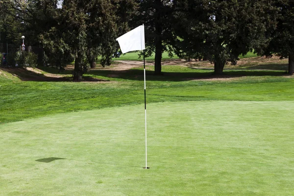 Κενό flagstick για μια τοποθέτηση πράσινη σε μια σειρά μαθημάτων γκολφ. — Φωτογραφία Αρχείου