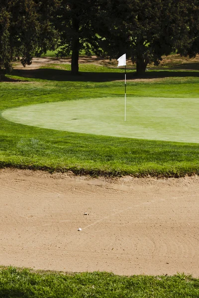 Pelota de golf en un bunker verde peligro trampa de arena en un campo de golf —  Fotos de Stock