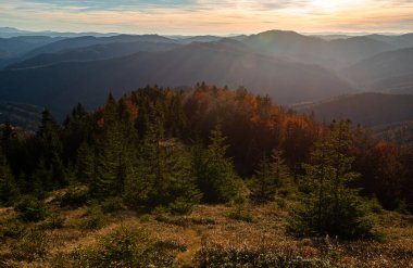 Ukrayna 'nın Skole kasabası yakınlarındaki Karpatya Dağları Beskid bölgesinde sonbahar mevsimi