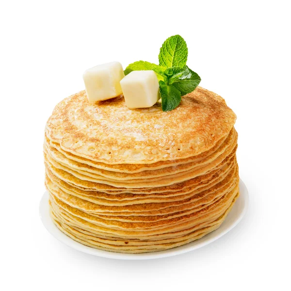 Stack of fresh baked pancakes isolated on white — Stock Photo, Image