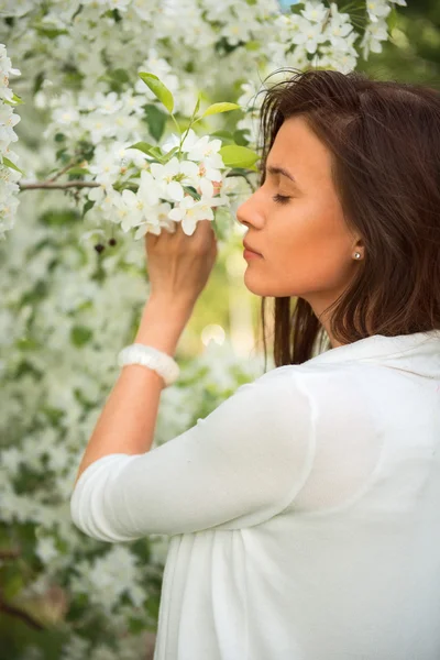 Porträt des Frühlings brünettes Mädchen steht im Freien in blühenden tr — Stockfoto