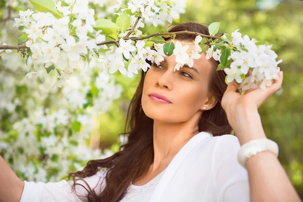 Portret wiosny brunetka dziewczynka stałego odkryty w kwitnący tr Zdjęcie Stockowe