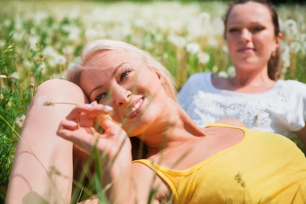 Zwei niedliche junge Frauen, die im Gras liegen an einem sonnigen Sommertag — Stockfoto