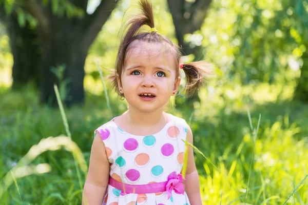 Cute little girl sitting on the grass on a summer sunny day. — Stock Photo, Image