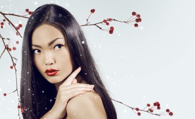 Asian woman beauty face closeup portrait. Beautiful attractive g clipart