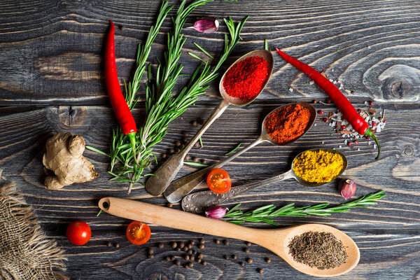 Spices over wooden background