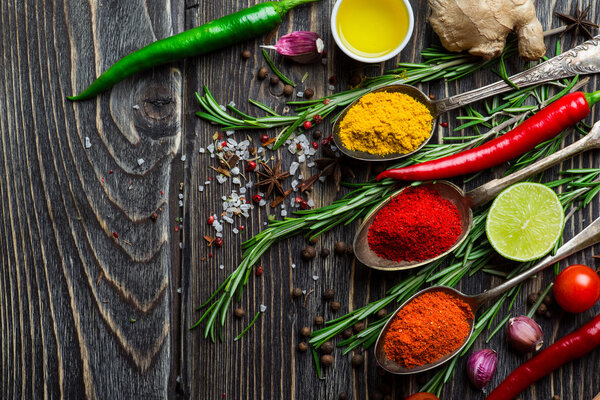 Spices over wooden background