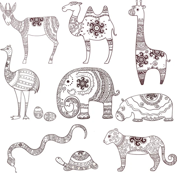 Conjunto de 9 animales africanos ornamentales Vectores de stock libres de derechos