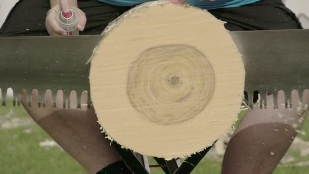 Three men sawing the big log — Stock Video