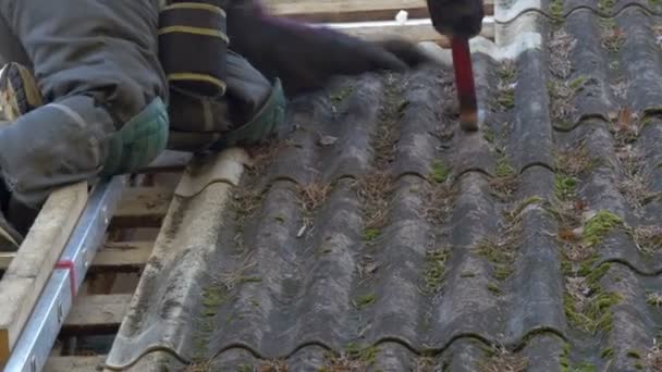 A roofer is getting off the nails from the roof plate — Stock Video