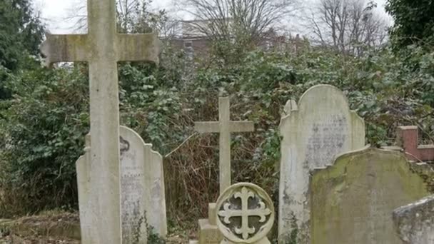 Tumbas y lápidas en el cementerio — Vídeos de Stock