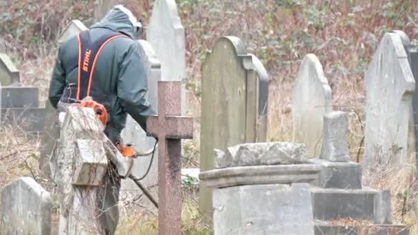 Homme en uniforme tondre l'herbe haute — Video