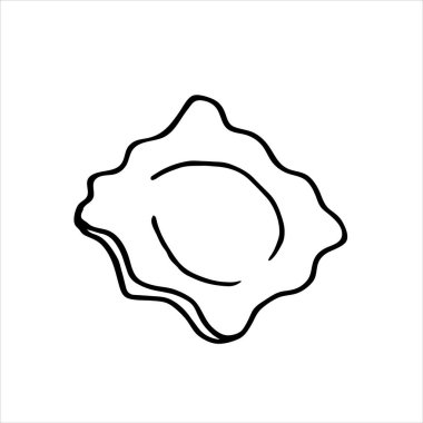 Ravioli. Karalama. Siyah beyaz görüntü. Minimalizm. Menü tasarımı için. Vektör grafikleri. Beyaz arkaplanda izole.