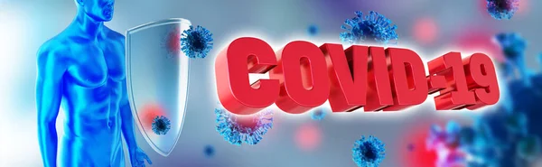 Immune system fights with Coronavirus. Humans shield against the Covid-19. Immune defense fights with viruses. 3d rendering.