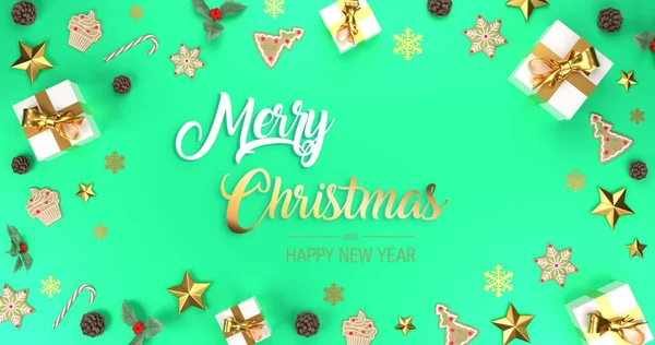 Buon Natale Striscione Verde Cornice Banner Decorativo Con Regali Stelle — Foto Stock