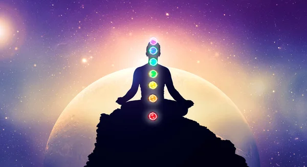 Meditare Gli Uomini Posizione Loto Yoga Con Chakra Mindfulness Pratica — Foto Stock