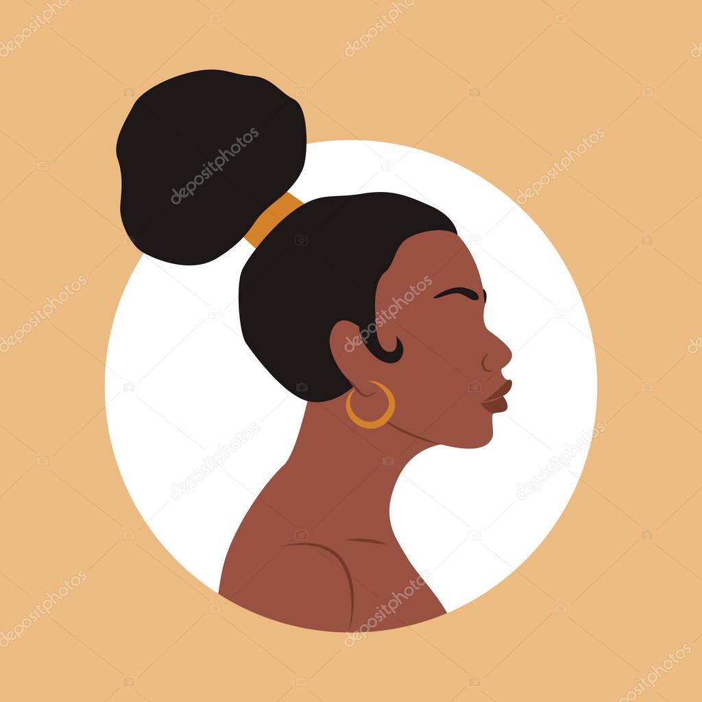 Abstract female shape. Fashion african girl silhouette, retro woman portrait for social media. Vector contemporary art illustration.
