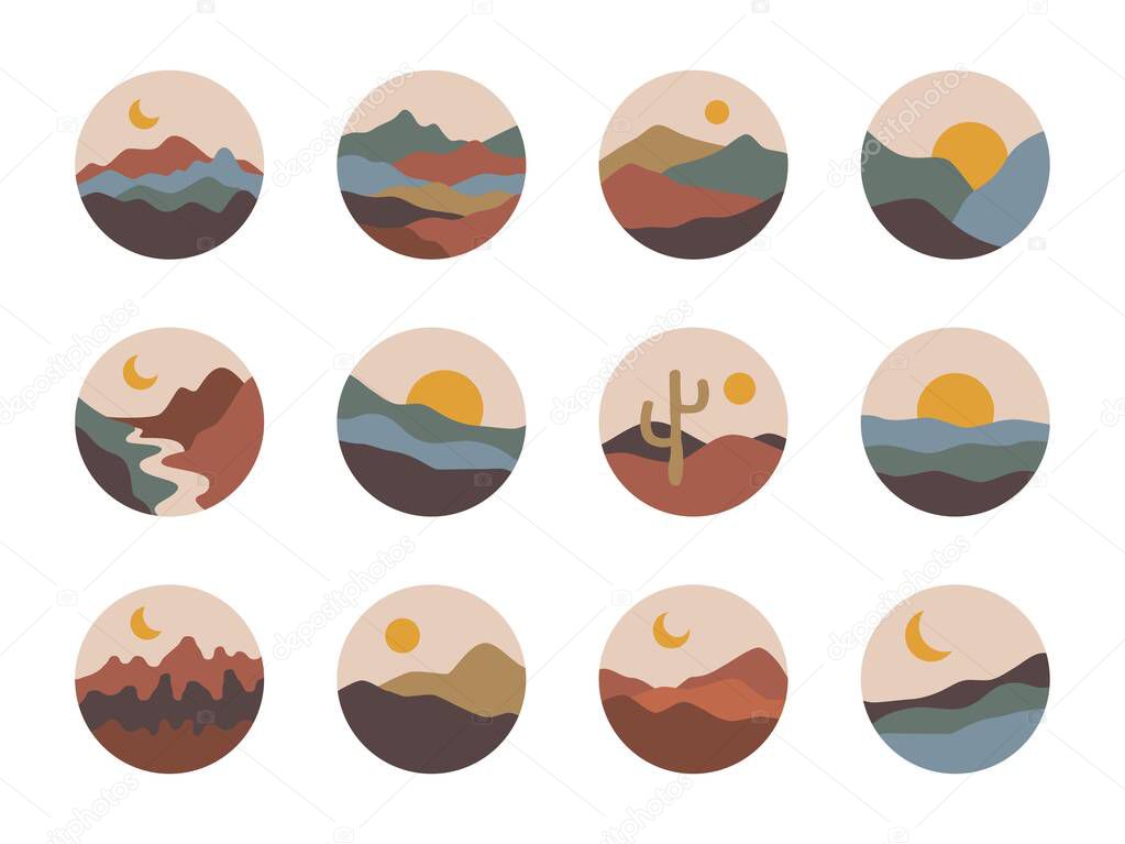 Abstract landscapes set. Contemporary nature shapes for social media highlight covers, boho mountains. Vector art illustration.