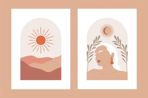 Abstracte vrouwelijke posters. Boho hedendaagse muur kunst banners, met de hand getekend wallpapers interieur decoratie. Vectorillustratie — Stockvector