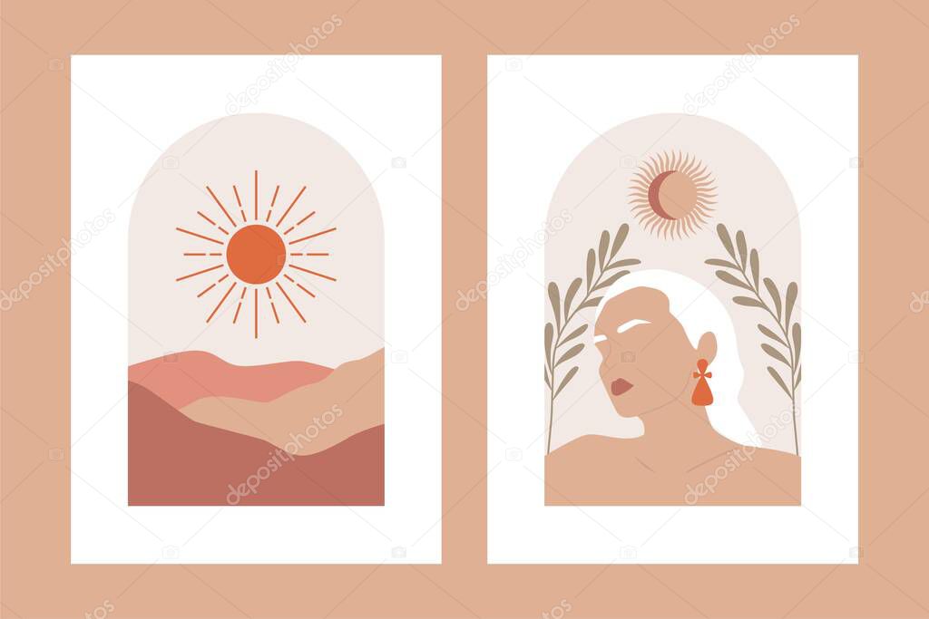 Abstract feminine posters. Boho contemporary wall art banners, hand drawn wallpapers interior decoration. Vector illustration