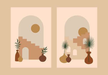 Soyut merdiven bitkileri posterleri. Mimarlık kartları çağdaş boho tasarımı, sanat baskısı asgari duvar dekoru, vektör geometrik şehir manzarası
