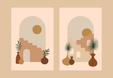 Abstract stairs plants posters. Architecture cards contemporary boho design, art print minimal wall decor, vector geometric cityscape clipart