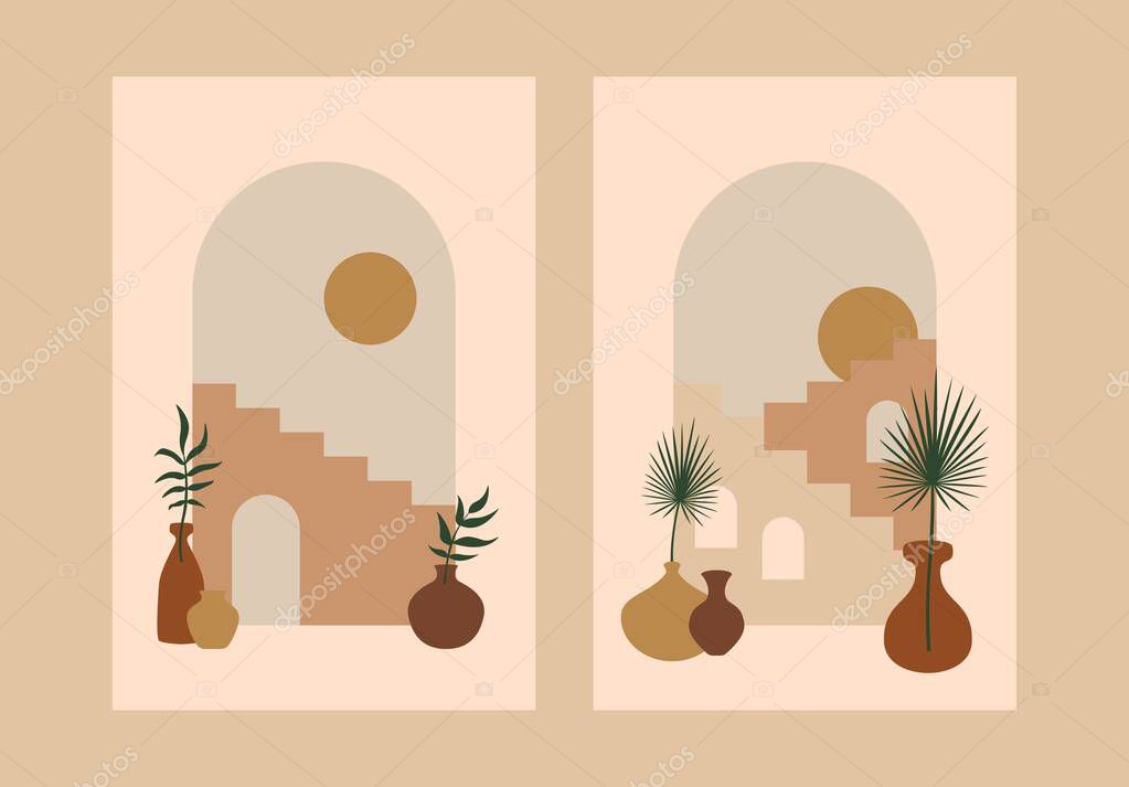 Abstract stairs plants posters. Architecture cards contemporary boho design, art print minimal wall decor, vector geometric cityscape.