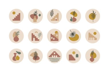 Sosyal medya özetleri. Soyut merdiven bitkileri seti, Boho blog yazarlarının hikayeleri için çağdaş şekilleri kapsıyor. El çizilmiş vektör simgeleri