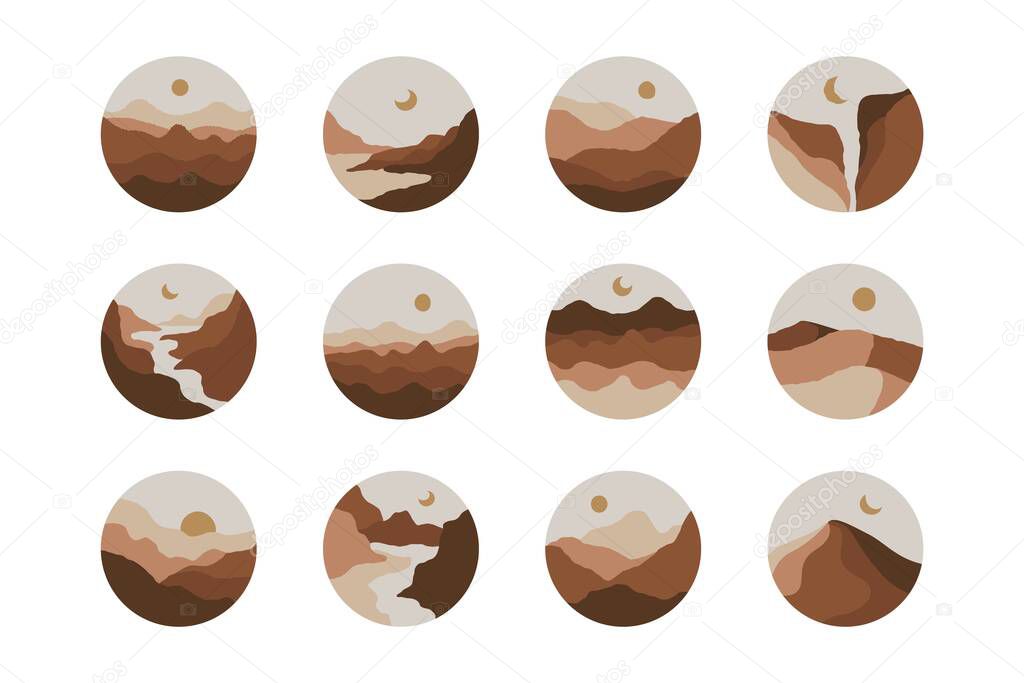 Abstract mountains landscape highlights. Round contemporary icons river hills sun moon desert boho style, vector covers for stories