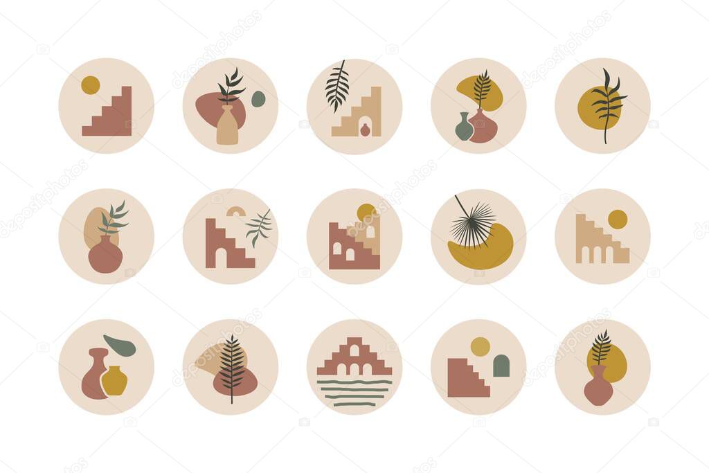Social media highlights. Abstract stairs plants set, boho covers contemporary shape for bloggers stories. Hand drawn vector icons.
