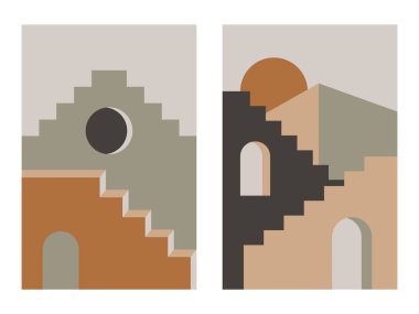 Soyut mimari merdiven posterleri. Modern boho sanat baskısı, duvar dekoru sosyal medya hikayeleri çağdaş tarzda. Vektör illüstrasyonu