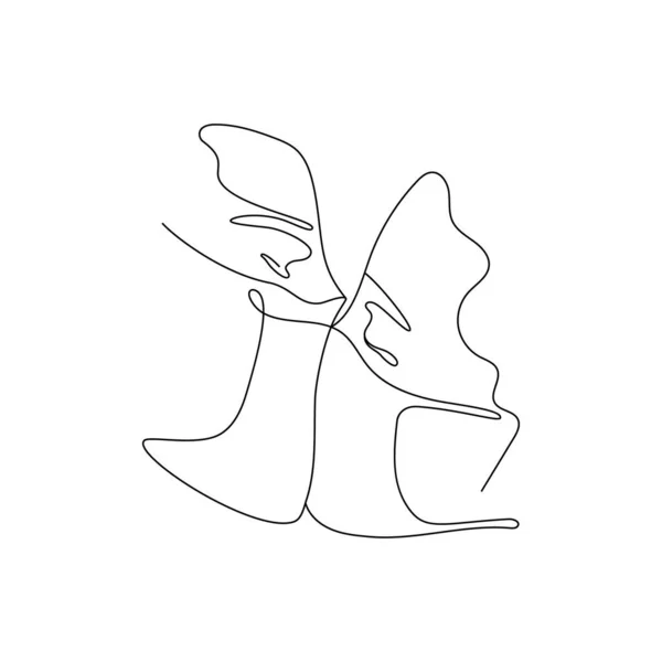 Un par de besos con máscara médica. Dibujo abstracto de una línea de hombre mujer besándose en cuarentena, impresión de arte lineal. Ilustración vectorial — Vector de stock
