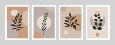 Soyut çiçek posterleri. Botanik duvar resimleri, kart, duvar kağıdı, kapak, doğal bitki vektörü illüstrasyonu için minimum bitki seti