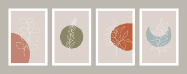 Soyut botanik poster seti. Çiçek duvar baskısı, kart, duvar kağıdı, kapak, doğal çizim, vektör illüstrasyonu için minimum bitki tasarımı
